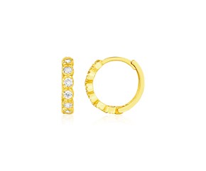 14k Yellow Gold Petite Hoop Earrings with Round Cubic Zirconias