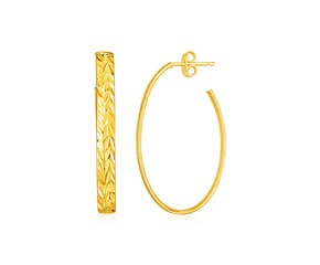 14k Yellow Gold Long Textured Oval Hoop Earrings