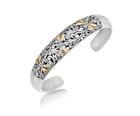 Dragonfly and Scrollwork Motif Open Cuff in 18k Yellow Gold and Sterling Silver