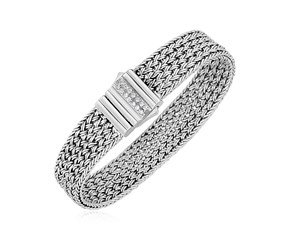 Woven Rope Bracelet with White Sapphire Accented Clasp in Sterling Silver