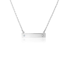 Sterling Silver 18 inch Bar Necklace with Diamond and Engraved Heart