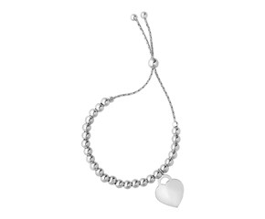 Adjustable Shiny Bead Bracelet with Heart Charm in Sterling Silver
