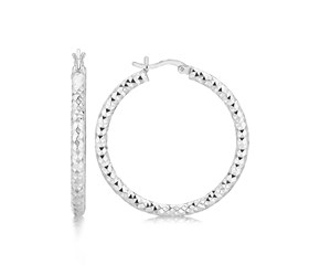 Large Faceted Design Hoop Earrings in Rhodium Plated Sterling Silver