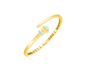 14k Yellow Gold Crossover Style Hinged Bangle Bracelet with Turquoise and Diamonds