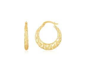 14K Yellow Gold Puffed Checkerboard Hoops