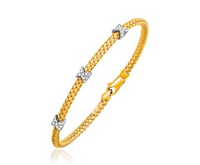 Basket Weave Bangle with Cross Diamond Accents in 14k Yellow Gold (4.0mm)