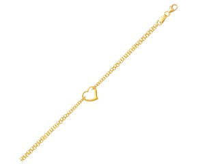 Open Heart Stationed Double Rolo Chain Anklet in 14k Yellow Gold