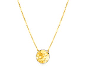 14k Yellow Gold Textured Circle Necklace with White Gold Details