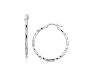 Spiral Style Diamond Cut Hoop Earrings in Rhodium Plated Sterling Silver (2x26mm)