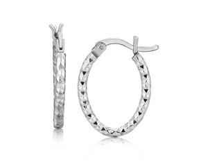 Textured Diamond Cut Small Oval Hoop Earrings in Rhodium Plated Sterling Silver(2x10mm)