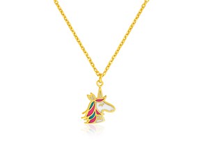 14k Yellow Gold Childrens Necklace with Enameled Unicorn Pendant