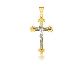Small Budded Crucifix Pendant with Figure in 14k Two-Tone Gold