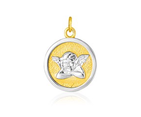 14k Two Tone Gold Round Angel Medal Pendant