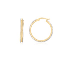 14K Two Tone Gold Diamond Cut Round Hoop Earrings