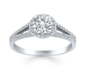 Diamond Halo Split Shank Engagement Ring in 14k White Gold