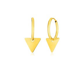 14k Yellow Gold Huggie Style Hoop Earrings with Triangle Drops