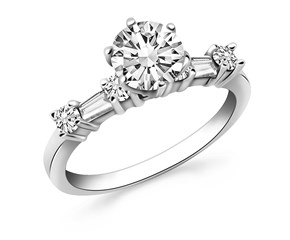 Engagement Ring Mounting with Round and Baguette Diamonds in 14k White Gold