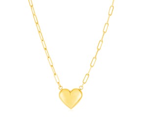 14k Yellow Gold Paperclip Chain Necklace with Puffed Heart