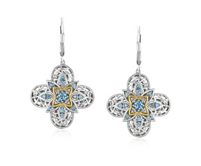 Blue Topaz Quatrefoil Earrings with Diamonds in Sterling Silver and 14k Yellow Gold