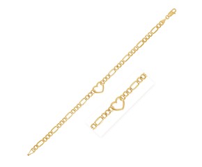 14k Yellow Gold 7 inch Figaro Chain Bracelet with Heart (4.50 mm)