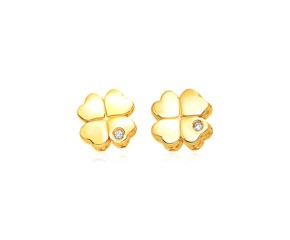14k Yellow Gold Polished Four Leaf Clover Earrings with Diamonds