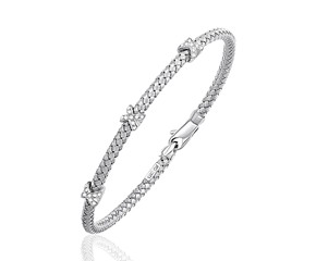 Basket Weave Bangle with Cross Diamond Accents in 14k White Gold (4.0mm)