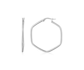 14K White Gold Hexagon Hoop Rounded Edge Earrings