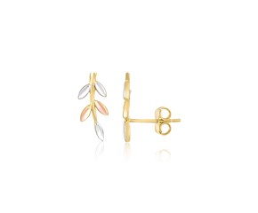 14k Tri-Color Gold Sprig Climber Style Stud Earrings