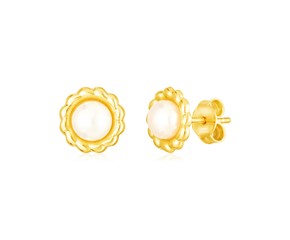 14k Yellow Gold Flower Stud Earrings with Pearls