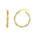 14k Yellow and White Gold Two Part Textured Twisted Round Hoop Earrings(3x23mm)