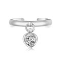 White Cubic Zirconia Accented Heart Charm Toe Ring in Rhodium Finished Sterling Silver