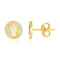 14k Two Tone Gold Round Religious Medallion Post Earrings